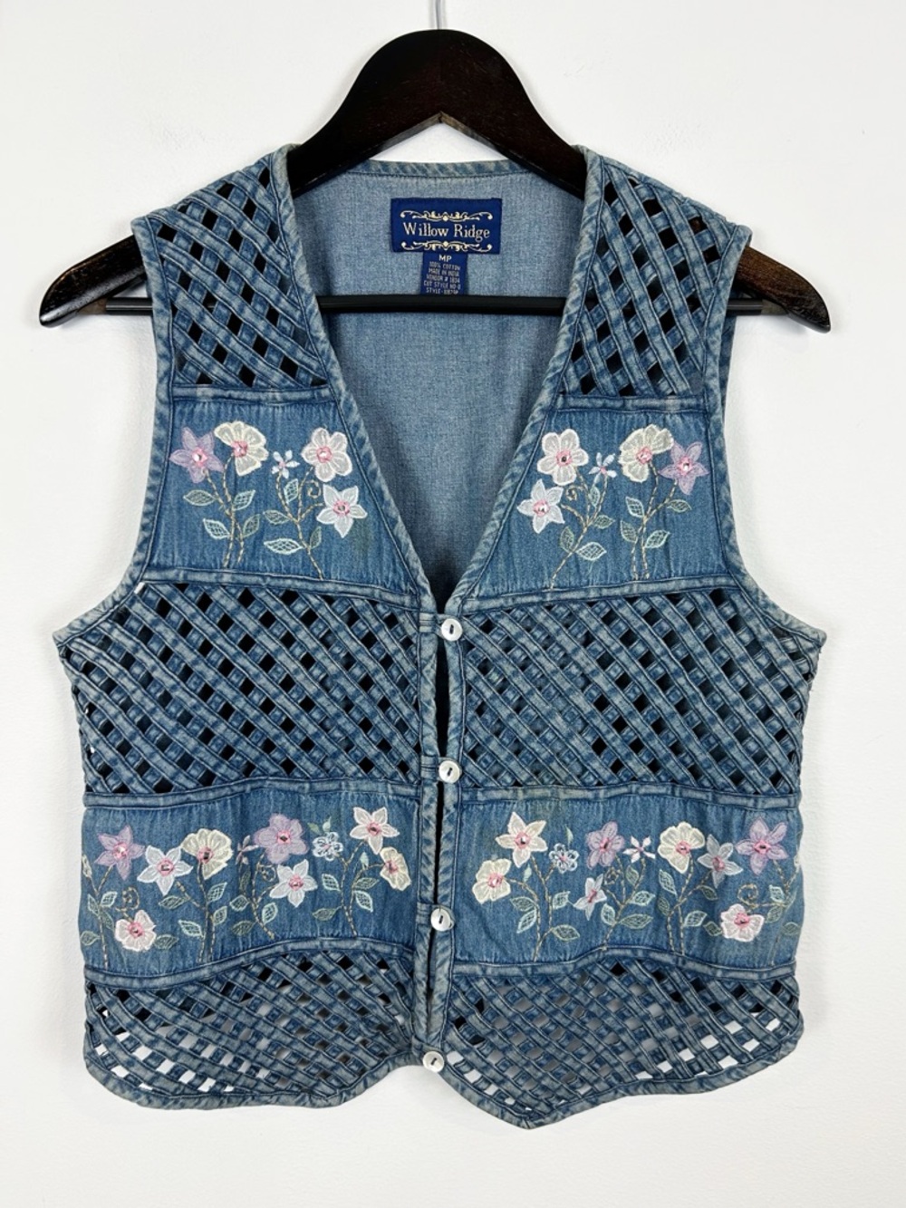 Willow Ridge Embroidered Denim Lattice Vest Size MP Blue Floral 100% Cotton